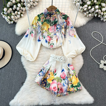 Fashion Suit for Women, European and American Style, Lantern Long Sleeves, Stand Collar, Loose Printed Top, Two-Piece Set, High-Waisted Wide-Leg Shorts