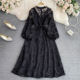 High-end retro temperament V-neck lantern sleeve waist hook flower hollow water-soluble lace dress elegant long skirt