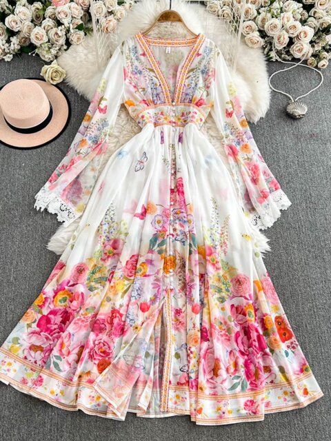 European and American palace style dress, sexy deep V-neck, buttoned waist, slimming and long design, printed temperament dress