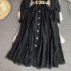 Retro Temperament Lapel Single-breasted Waist Slim Crochet Hollow Lace Shirt Dress Elegant Long Skirt