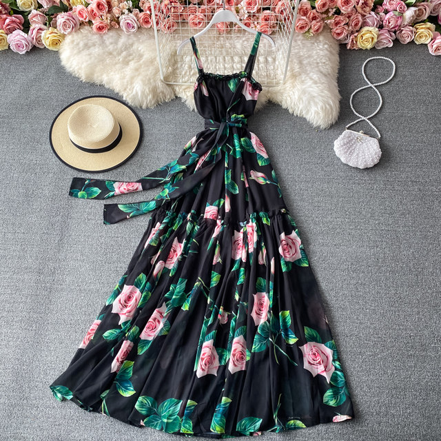 French retro light familiar style floral suspender dress summer waist thin temperament goddess fan print large swing dress