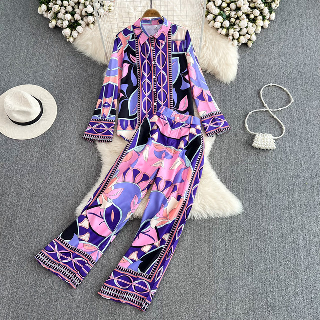 Fashion suit female European station light luxury temperament printed single-breasted long-sleeved shirt two-piece set high waist wide-leg trousers