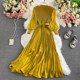 Light familiar style high waist round neck dress spring and autumn new temperament solid color waist slimming pleated long skirt