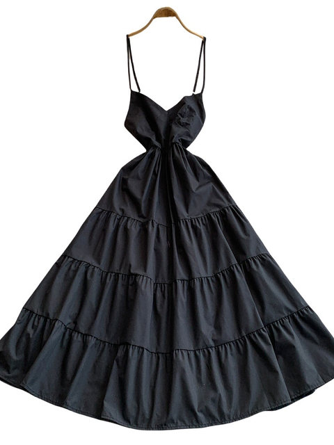 French-Style Design, Hollow-Out Backless Spaghetti Strap Dress for Women, Summer Waist-Cinching Slimming Long Dress with Large Flared Ruffles