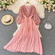 Autumn super fairy design sense of light and familiar style big swing long skirt long sleeve V-neck lace stitching pleated dress