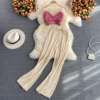 Seaside vacation suit high waist casual trousers drop feeling straight tube wide leg pants women's two-piece suit camisole summer