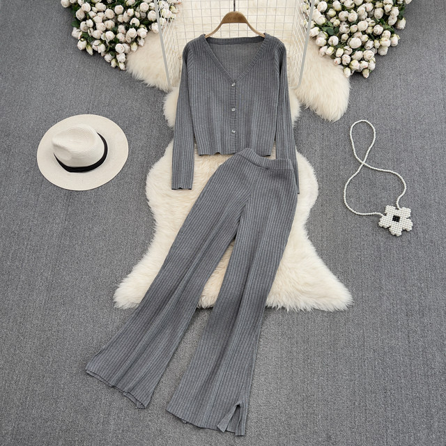 Women's fashion suit V-neck single-breasted long-sleeved cardigan jacket two-piece set high waist drape slit micro flared trousers