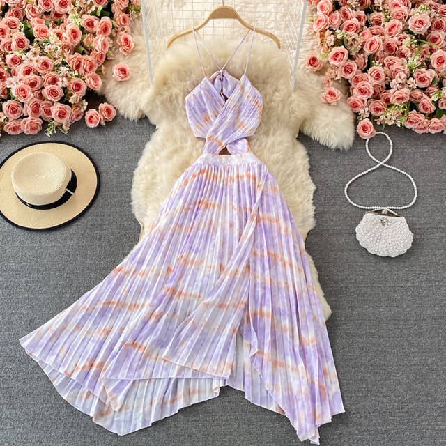 Bohemian Seaside Resort Beach Skirt Hollow Sling Skirt Ruffle Irregular Tie-Dye Pleated Dress