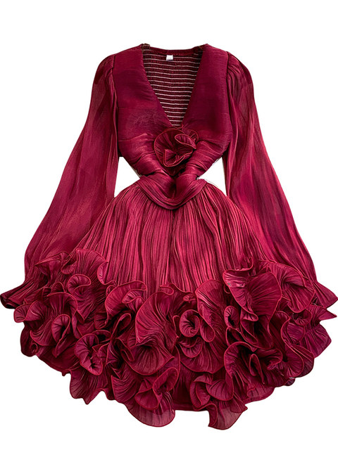 European and American Internet Celebrity Niche High-End Flowing Sheer V-Neck Dress for Women with Heavy Craftsmanship, Puffy Three-Dimensional Ruffle Short Skirt