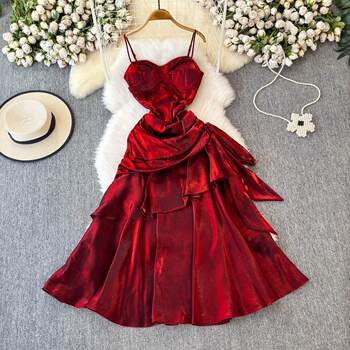 Sexy Satin Halter Backless Dress for Women on Seaside Vacation, Spring and Summer Waist-Cinching Elegant Irregular Ruffle Long Dress