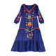 Bohemian ethnic style embroidery V-neck loose cotton and linen a-line big swing dress seaside holiday big swing long skirt