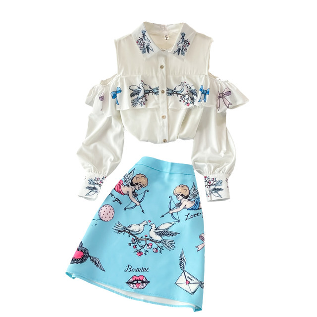 Fashion Suit for Women, Spring and Autumn New Style, European and American High-End Long-Sleeved Off-Shoulder Shirt Two-Piece Set, High-Waisted Hip-Hugging Skirt