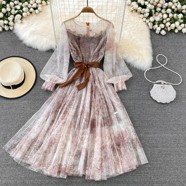 Super fairy perspective ink retro puff sleeves waist thin round neck mesh dress elegant temperament large swing dress