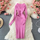 French retro sexy deep V-neck knitted dress 2021 autumn waist and thin temperament Hepburn mid-length skirt