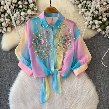 Rainbow-Colored Sun Protection Clothing for Women, Short Shirt with Bow Tie, Heavy Beading, Sequins, Floral Tie-Dye, Thin Shirt