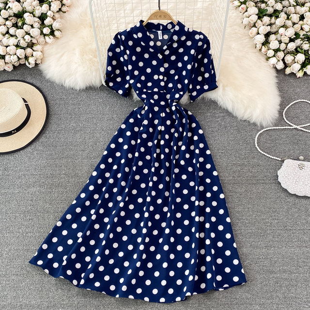 2022 summer French retro waist and thin bubble short-sleeved V-neck a-line dress elegant temperament large swing dress