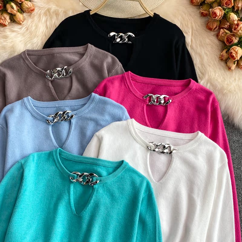 2021 autumn and winter Korean version new design sense chain slim knit sweater foreign style short long sleeve top