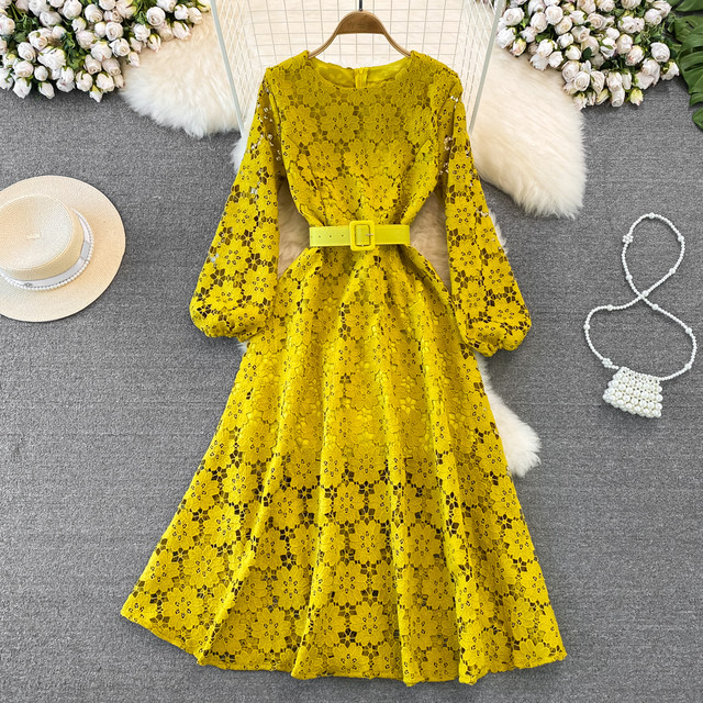 High-end light luxury temperament long-sleeved round neck waist slimming hollow A-line lace dress elegant swing long skirt