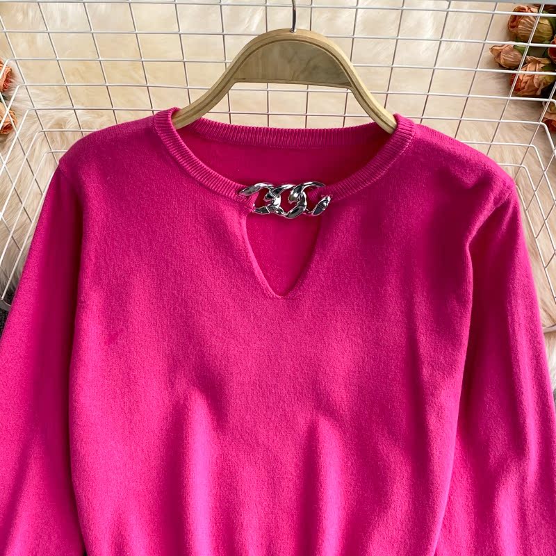 2021 autumn and winter Korean version new design sense chain slim knit sweater foreign style short long sleeve top