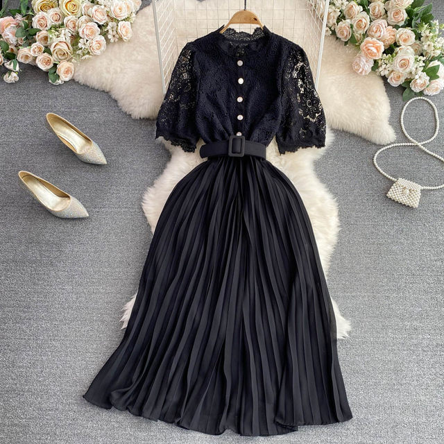 Light familiar style retro temperament short-sleeved round neck water-soluble hollow lace stitching pleated dress elegant long skirt