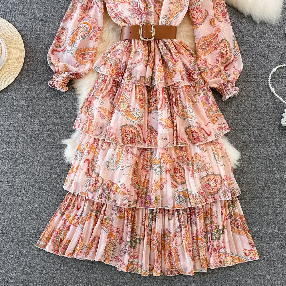 Bishop Sleeve Sleeve Type Tencel Fabric Type Wholesale Women's Vintage Style Printing Banquet Standing Collar Long Sleeve Swing Dress
