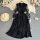 Hepburn style high-end long-sleeved round neck ruffled waist slimming A-line pleated dress elegant swing long skirt