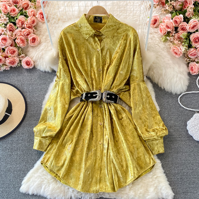 2023 autumn new European and American temperament lapel chic slim slim long-sleeved metallic mid-length dress