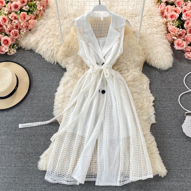 2023 Summer New Suit Collar Dress Hollow Lace Sleeveless Knee Waist Slim Mid-length Vest Skirt