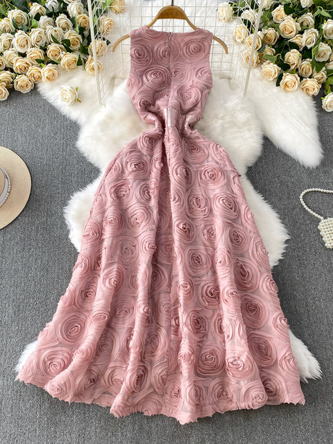 High-end temperament three-dimensional flower round neck sleeveless dress for women summer high-end evening dress skirt waist slimming