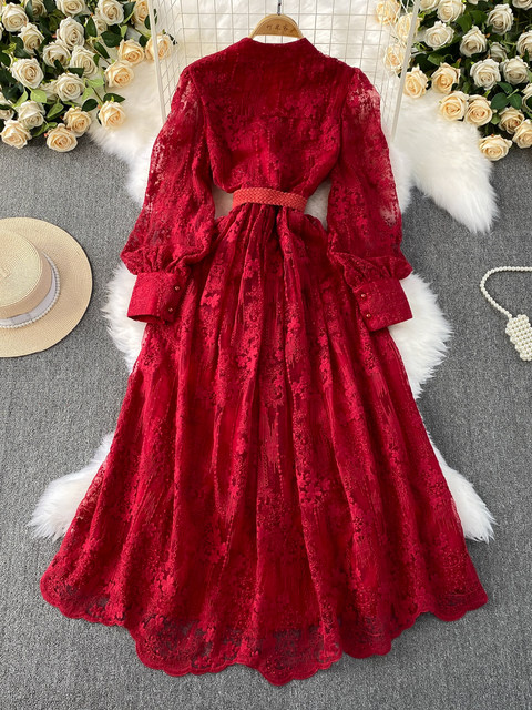 High-end authentic French high-end women's dress 2025 summer waist heavy embroidery V-neck lantern sleeve long dress