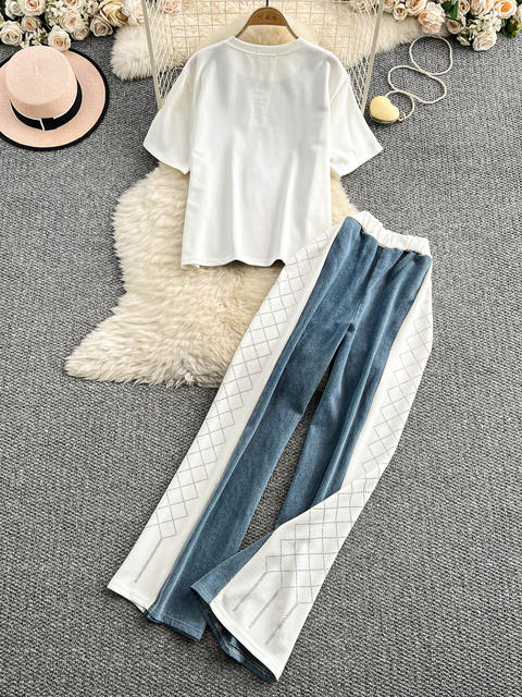 2025 summer design, loose and slim denim stitching, round neck short-sleeved top + wide-leg pants two-piece set