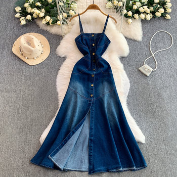 European and American Niche Goddess-Style Fashionable and Sexy Single-Breasted Denim Suspender Dress for Women, Spring and Autumn Elegant Slit Long Dress