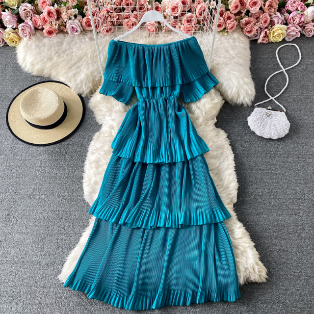 One word neck pleated dress summer sweet ruffled temperament mid-length beach skirt off-the-shoulder thin cake skirt