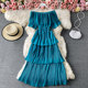 One word neck pleated dress summer sweet ruffled temperament mid-length beach skirt off-the-shoulder thin cake skirt