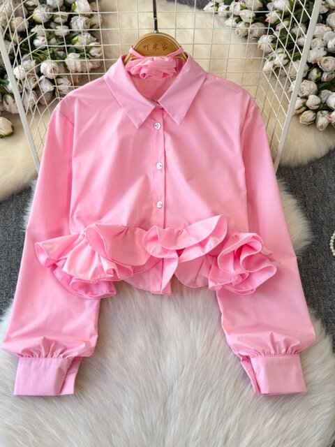 Sweet Three-Dimensional Ruffle Trim Design Shirt 2025 New Chic Slim-Fit Short Top