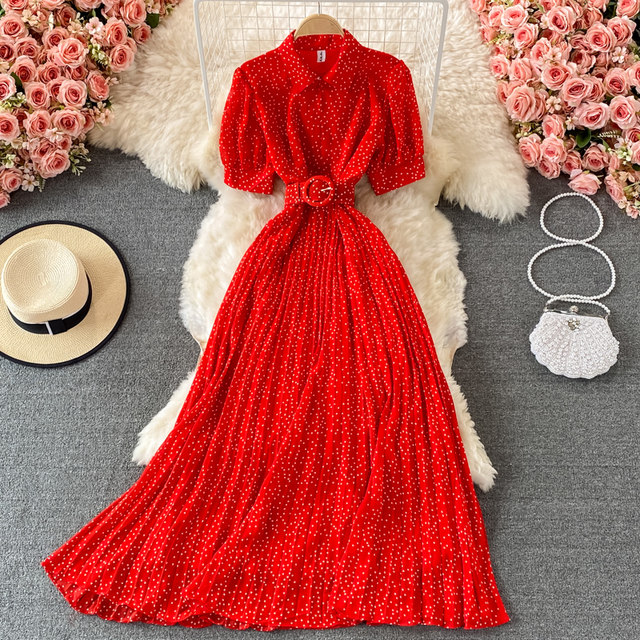 2021 summer Korean chic puff sleeves lapel pleated polka dot dress