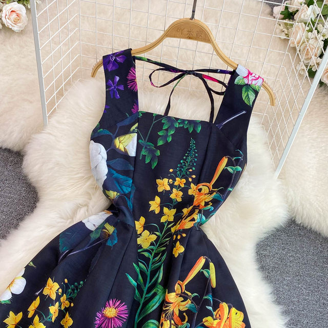 French-Style High-End Vintage Tea Break Dress, Summer Fashion, Elegant, Slimming, Sleeveless, Backless, Waist-Cinching, Printed A-Line Dress