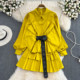 Autumn retro high-quality temperament mid-length shirt skirt lapel lantern sleeves waist thin a-line puffy dress