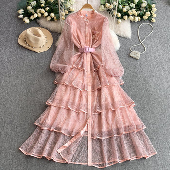 French-Style High-End Lace Floral Stand-Up Collar Long-Sleeved Dress for Women in Early Autumn, Socialite Waist-Slimming Cake Dress