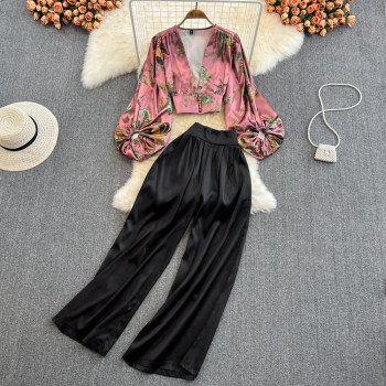 Light familiar style fashion suit female celebrity temperament V-neck lantern sleeve printed shirt two-piece high-waisted wide-leg trousers