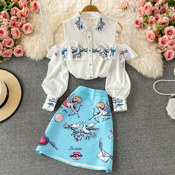 Fashion Suit for Women, Spring and Autumn New Style, European and American High-End Long-Sleeved Off-Shoulder Shirt Two-Piece Set, High-Waisted Hip-Hugging Skirt