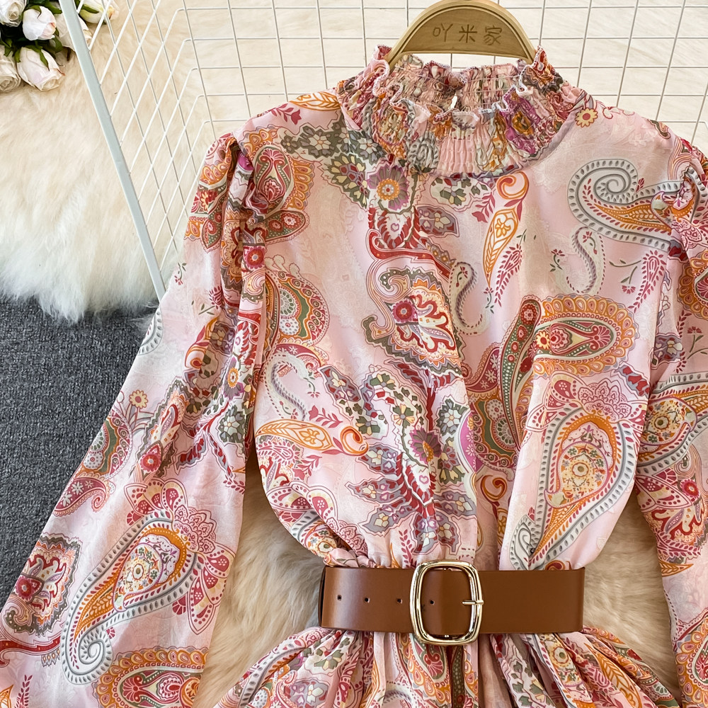 High Waist Waist Line Banquet Occasion Wholesale Women's Vintage Style Printing Banquet Standing Collar Long Sleeve Swing Dress