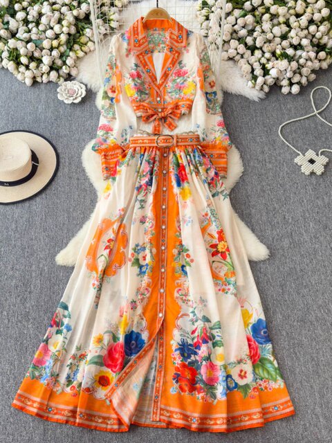 2025 Early Spring Niche Atmosphere Printed Resort Style Suit Collar Short Slim Fit Jacket Skirt Suit