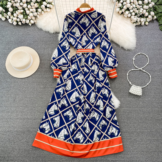 Spring and autumn high-end light luxury temperament long-sleeved lapel waist slimming printed A-line dress elegant swing long skirt