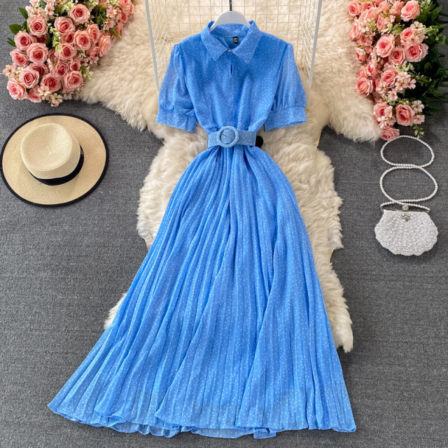 2021 summer French retro lapel pleated dress with straps waist puff sleeves slim and slim long skirt