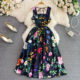 French-Style High-End Vintage Tea Break Dress, Summer Fashion, Elegant, Slimming, Sleeveless, Backless, Waist-Cinching, Printed A-Line Dress