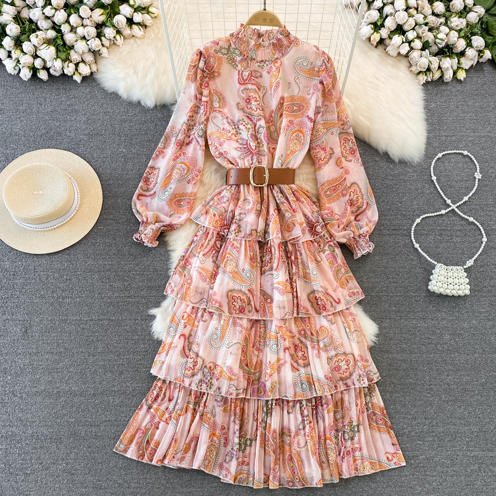 Women's Swing Dress Vintage Style Standing Collar Long Sleeve Printing Midi Dress Banquet display picture 1