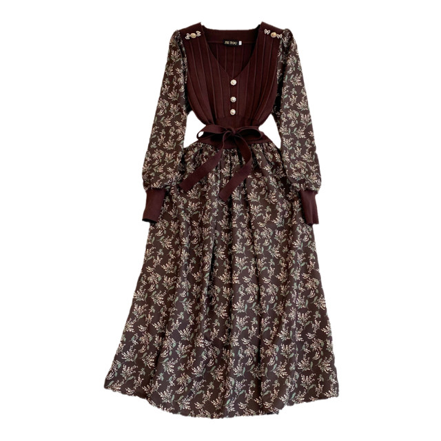 Gentle and retro temperament fake two-piece long-sleeved V-neck knitted waist slim floral A-line dress elegant long skirt