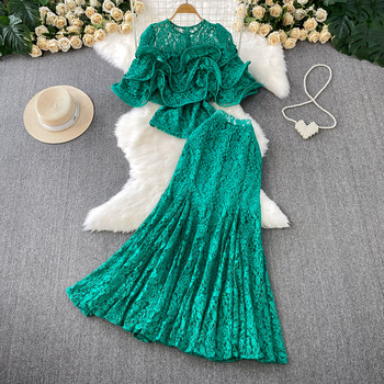 French-Style High-End Elegant Lace Three-Dimensional Ruffle Top Two-Piece Set with High-Waisted Slimming Fishtail Skirt