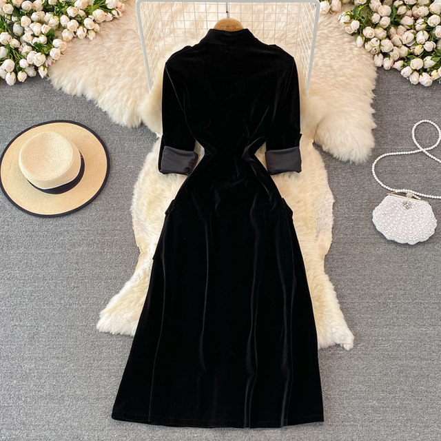 French retro waist slimming pocket single-breasted gold velvet cardigan dress 2021 autumn and winter fashion long skirt